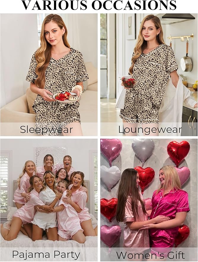 Silk Pajamas for Women Short Sleeve Satin 2 Piece Pj Set Soft V Neck Sleepwear Loungewear, S-XXL