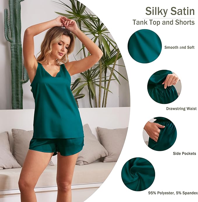 MOYEE Women Silk Pajama Set Soft Satin V Neck Tank Top and Shorts 2 Piece lounge Sets with Pockets