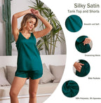 MOYEE Women Silk Pajama Set Soft Satin V Neck Tank Top and Shorts 2 Piece lounge Sets with Pockets