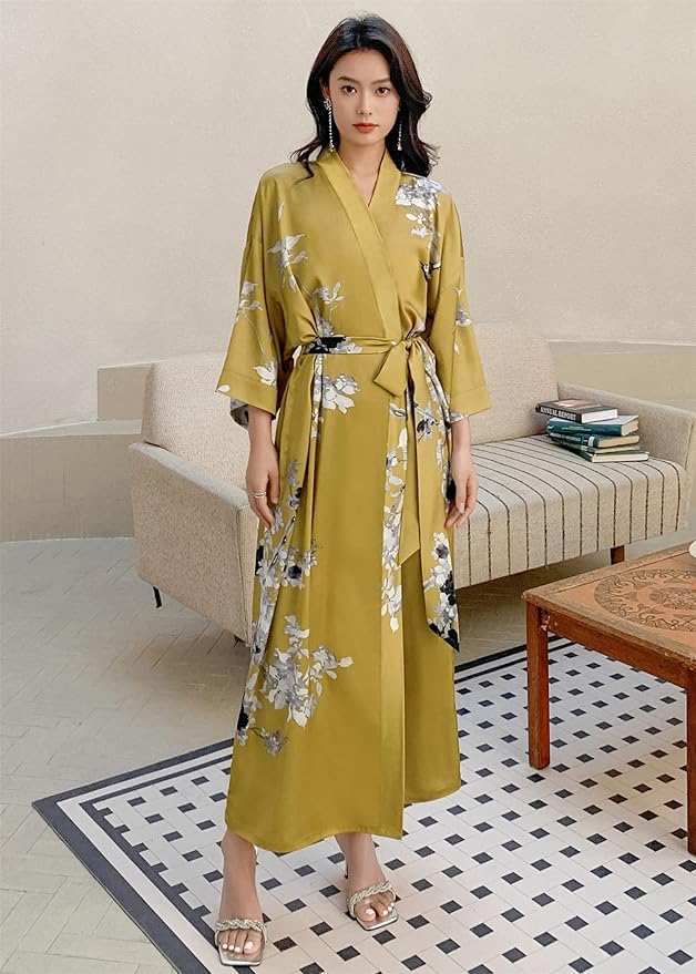 Kihnop Women's Floral Long Kimono Robe Long Satin Robe Long Silk Robe Ladies Kimonos Silky Bathrobe Cover Up, One Size