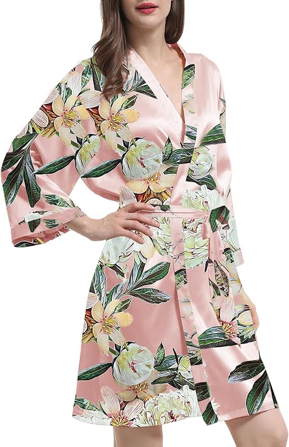 WJing Yi Jia Womens Satin Kimono Robe Silky Robes Floral Bathrobe Bride Bridesmaid Wedding Bridal Dressing Gown Loungewear