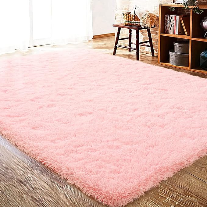 ISEAU Fluffy Rug Dorm College Apartment Carpets Soft Shaggy Area Rugs Indoor Floor Mats for Kids Room Fuzzy Carpet Bedside for Boys Girls Bedroom Living Room Home Decor Mat, 5ft x 8ft, Pink