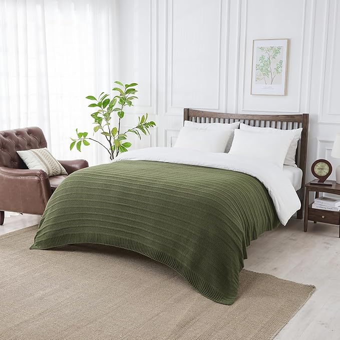 Douceur Olive Green Throw Blanket for Couch, Soft Cozy Lightweight Stripe Pattern Knitted Throw Blanket for Sofa, Living Room Gift, 50"X60"