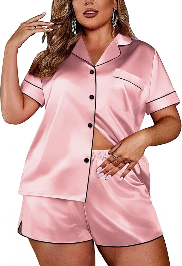 Ekouaer Womens Silk Satin Pajamas Set Short Sleeve Sleepwear Button Down Loungewear 2 Piece Pjs Shorts Set S-5X Plus Size