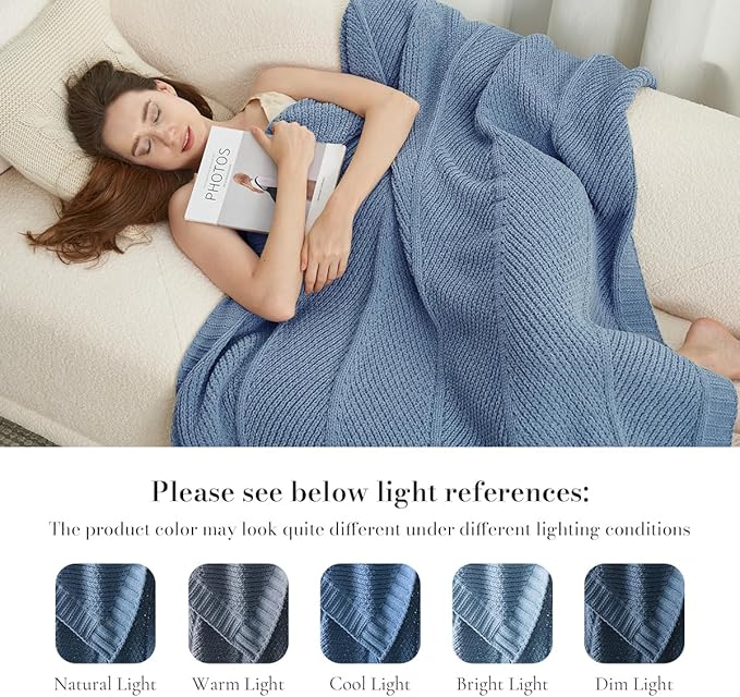 Amélie Home Knit Throw Blanket, Soft Chenille Cozy Breathable Chevron Chunky Decorative Blanket for Couch, Bed & Sofa, French-Inspired Lightweight Warm Gift for Women, Washed Blue, 50"x60"