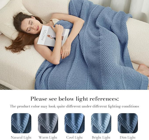 Amélie Home Knit Throw Blanket, Soft Chenille Cozy Breathable Chevron Chunky Decorative Blanket for Couch, Bed & Sofa, French-Inspired Lightweight Warm Gift for Women, Washed Blue, 50"x60"