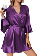 Ekouaer Women's Satin Robe Short Ruffle Hem Silky Robes Lightweight Kimono Brides Bathrobes Sleepwear XS-XXL