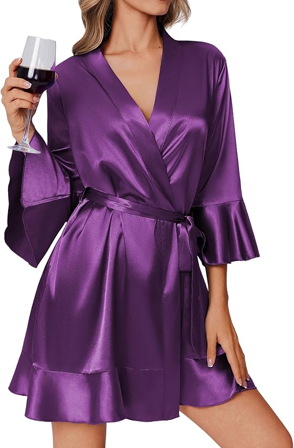 Ekouaer Women's Satin Robe Short Ruffle Hem Silky Robes Lightweight Kimono Brides Bathrobes Sleepwear XS-XXL