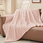 BEDELITE Pink Throw Blanket Twin Size for Bed- Super Soft and Warm 3D Checkered Fluffy Fuzzy Fleece Blanket, Luxurious Plush Cozy Blanket for Room Decor Fall and Winter, 60x80 inches