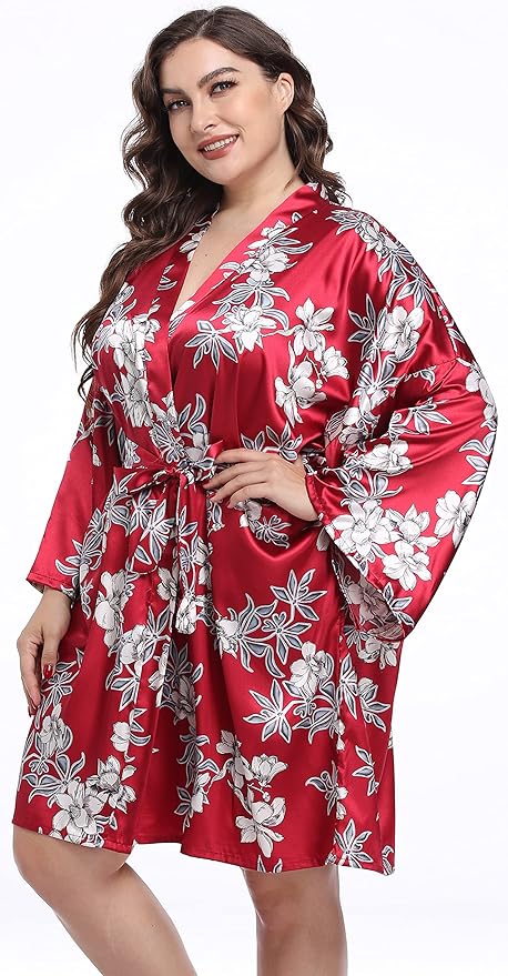 Women's Plus Size Satin Kimono Robes Short Silk Bathrobe Bridesmaid Wedding Party Nightgown Sleepwear