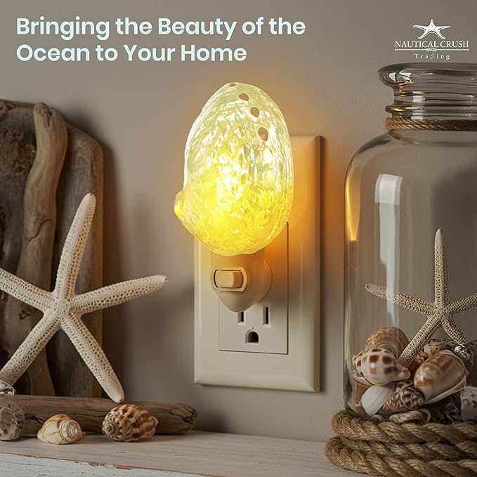Nautical Crush Trading Seashell Night Light – Beach Night Light with Pearled Abalone – Shell Light for Bathroom – Sea Shell Lamp – Seashell Lamp Plug Into Wall