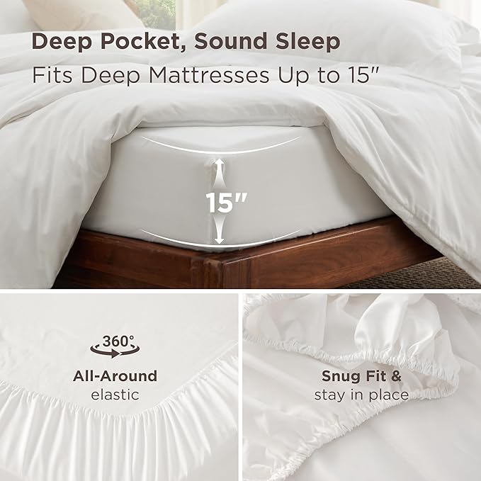 Bedsure Duvet Cover with Fitted Sheet Queen - Cooling Deep Pocket, Hotel Luxury Soft Double Brushed Bedding Set with Zipper Closure, 1 Duvet Cover, 1 Fitted Sheet, 2 Pillow Shams, NO Comforter, White
