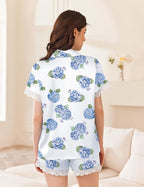 Ekouaer Womens Lace Satin Pajama Set Button Down Pj Shorts Set Bridesmaids Getting Ready Outfits Casual Sleepwear XS-XXL