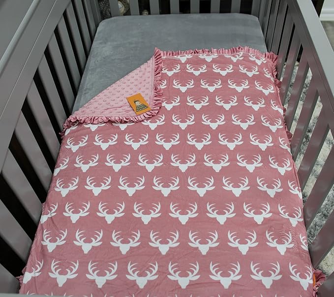 Dear Baby Gear - Reversible Baby Blankets - Soft Nursery Blanket for Newborn - Toddler Blankey - Throw Blanket for Boys & Girls - Infant Blankets - 40x30 (Antler Dusty Rose - Pink Ruffle)