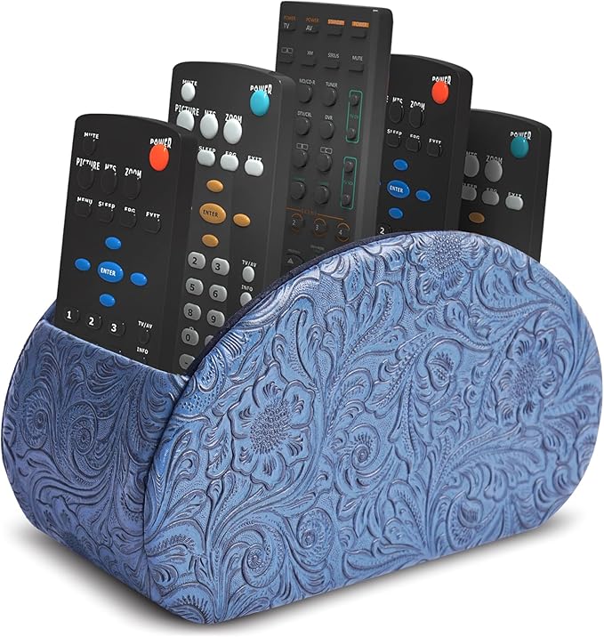 QIELIZI Remote Control Holder, PU Leather Remote Caddy Desktop Organizer with 5 Spacious Compartments for TV Remotes/Media Controllers/Office Supplies (1-Carved3 Blue