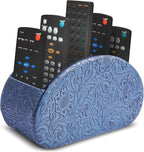QIELIZI Remote Control Holder, PU Leather Remote Caddy Desktop Organizer with 5 Spacious Compartments for TV Remotes/Media Controllers/Office Supplies (1-Carved3 Blue