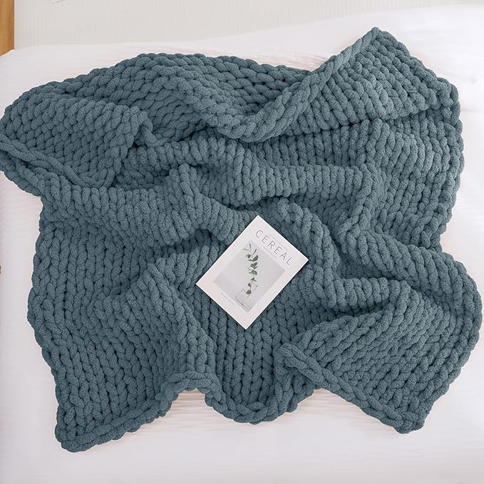 YAAPSU Chunky Knit Throw Blanket for Couch, 51"x63", 100% Hand Knitted Thick Cable Knit with Cozy Jumbo Chenille Yarn, Soft Large Rope Knot Crochet Blankets for Sofa Bed Living Room Décor, BlueSpruce