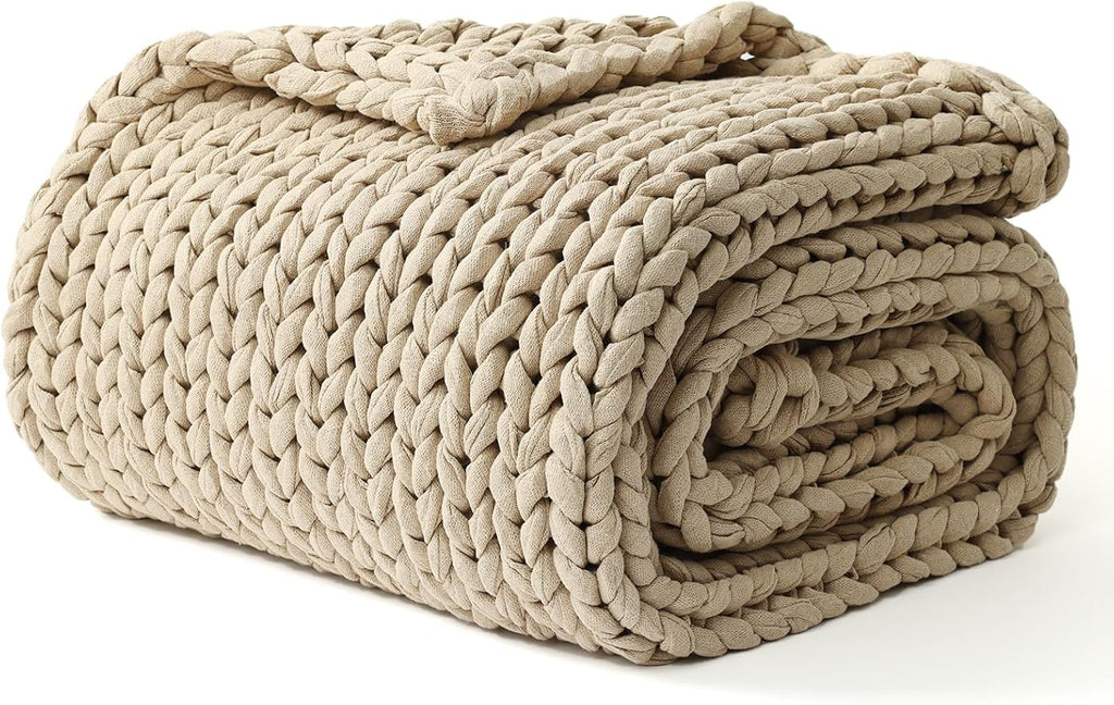 YnM Cotton Weighted Blanket, Handmade Chunky Knitted Design, Soft and Cozy, Temperature Regulating and Breathable, Machine Washable Throw for Sleep or Home Decor (Beige, 80x84 Inch, 35lbs)
