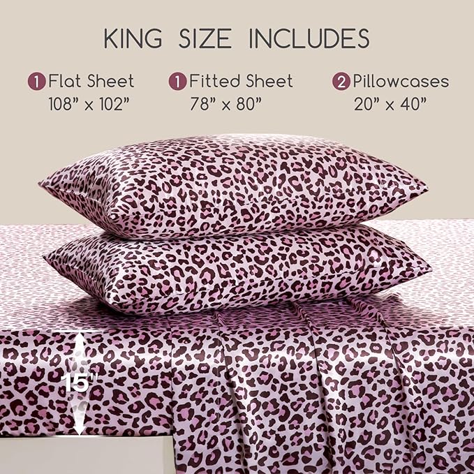 MR&HM Satin Bed Sheets with Elastic Corner Straps, King Size Sheets Set, 4 Pcs Silky Bedding Set with 15 Inches Deep Pocket for Mattress (King, Pink Leopard)