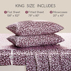 MR&HM Satin Bed Sheets with Elastic Corner Straps, King Size Sheets Set, 4 Pcs Silky Bedding Set with 15 Inches Deep Pocket for Mattress (King, Pink Leopard)