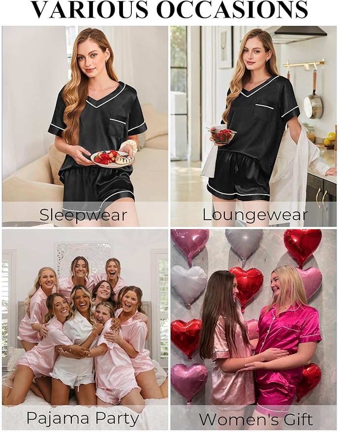 Silk Pajamas for Women Short Sleeve Satin 2 Piece Pj Set Soft V Neck Sleepwear Loungewear, S-XXL