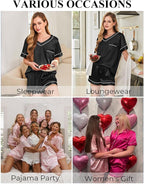 Silk Pajamas for Women Short Sleeve Satin 2 Piece Pj Set Soft V Neck Sleepwear Loungewear, S-XXL