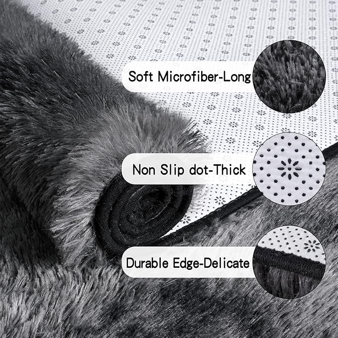 KING DARE 9x12 Area Rug for Living Room Plush Carpet, Soft Fluffy Shaggy Fuzzy Furry Large Tie-Dyed Black Gray Rug, Anti-Slip Washable Modern Floor Rug for Bedroom Home Aesthetic Decor