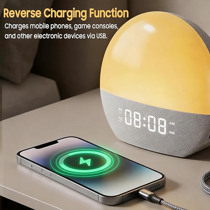 Sunrise Alarm Clock & White Noise Machine, Effective Alarm Clocks for Deep Sleepers, Bluetooth Speaker Wake Up Light, Sunset Simulation, 30 Soothing Sounds, FM Radio, USB Phone Charging Port