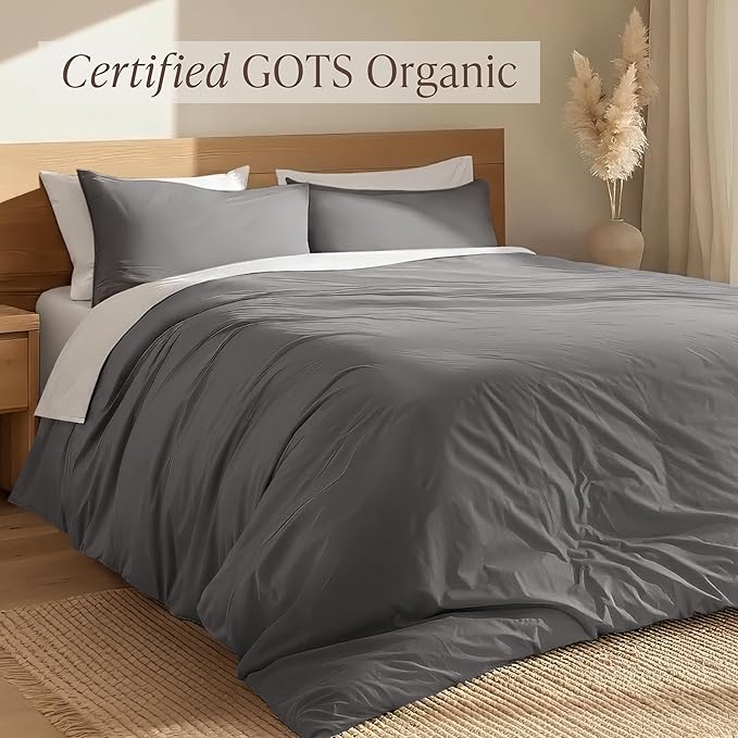 Bare Home 100% Organic Cotton California King Duvet Cover Set - Crisp Percale Weave - Lightweight & Breathable - Cooling Duvet Cover Set (California King, Grey)
