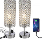 Crystal Table Lamp Set of Two Chrome Dimmable USB Charging Touch Control Bedside Lamps for Night Stands Bedroom Living Room (Bulb Included)