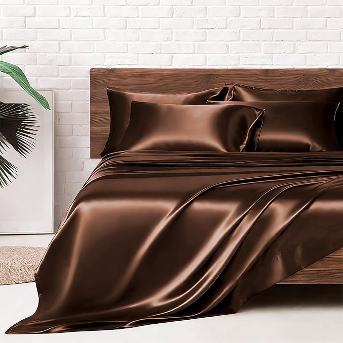 MR&HM Satin Bed Sheets, Queen Size Sheets Set, 6 Pcs Silky Bedding Set with 15 Inches Deep Pocket for Mattress (Queen, Brown)