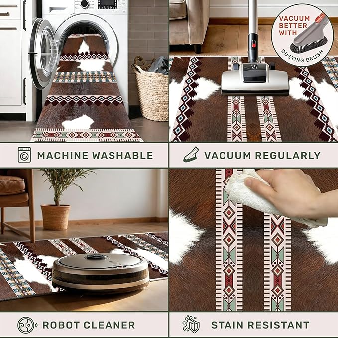 Country Cow Print Long Hallway Rug,1.3x7ft,Faux Cowhide Animal Print Southwestern Rugs,Western Aztec Tribal Decor Rustic Runner Rug, Non-Slip Washable Floor Mat for Kitchen Bedroom