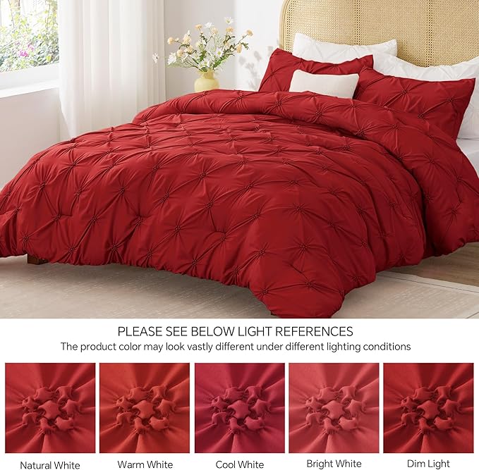 BEDELITE Red Queen Comforter Set - 3 Pieces Boho Pintuck Bedding Comforter Sets, Lightweight Soft & Warm Bed Comforter Queen with 2 Pillowcases for All Season