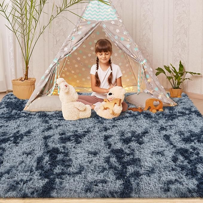 Softlife Area Rug for Living Room, Fluffy Shag Plush 6x9 Blue Rugs for Bedroom Girls Kids, Shaggy Soft Fuzzy Tie Dyed Large Carpet for Dorm Bedside Ultra Cozy Non-Slip Indoor Decor