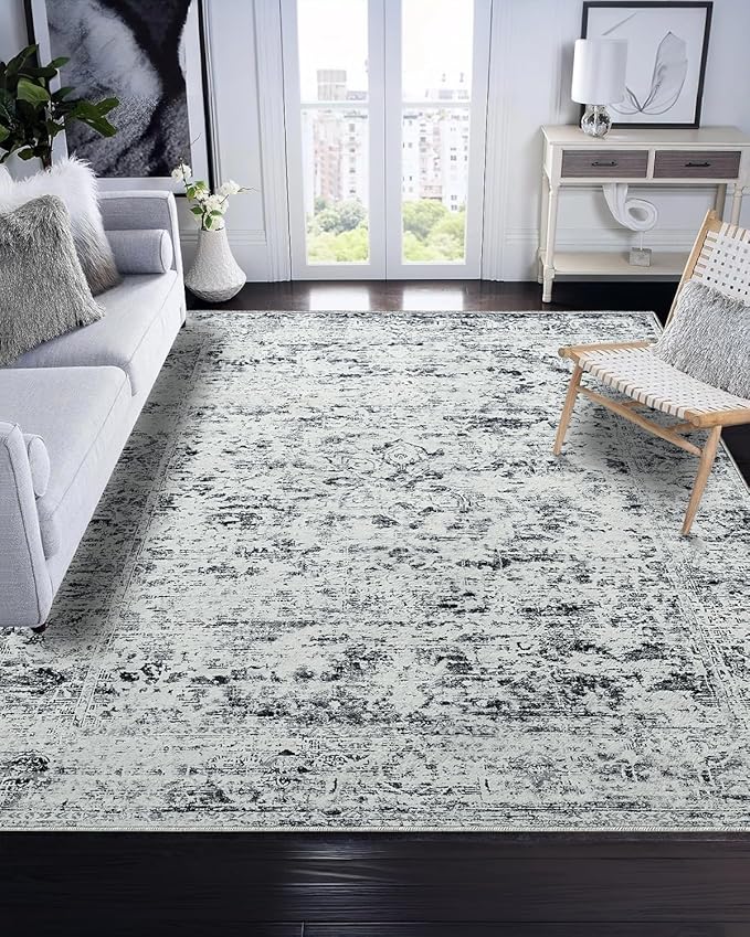 CRYPTOLITE Rugs for Living Room, 6x9 Large Area Rugs Ultra Soft Washable, Vintage Boho Faux Wool Carpet for Dining Room, Bedroom, Office, Home Decor (Grey)