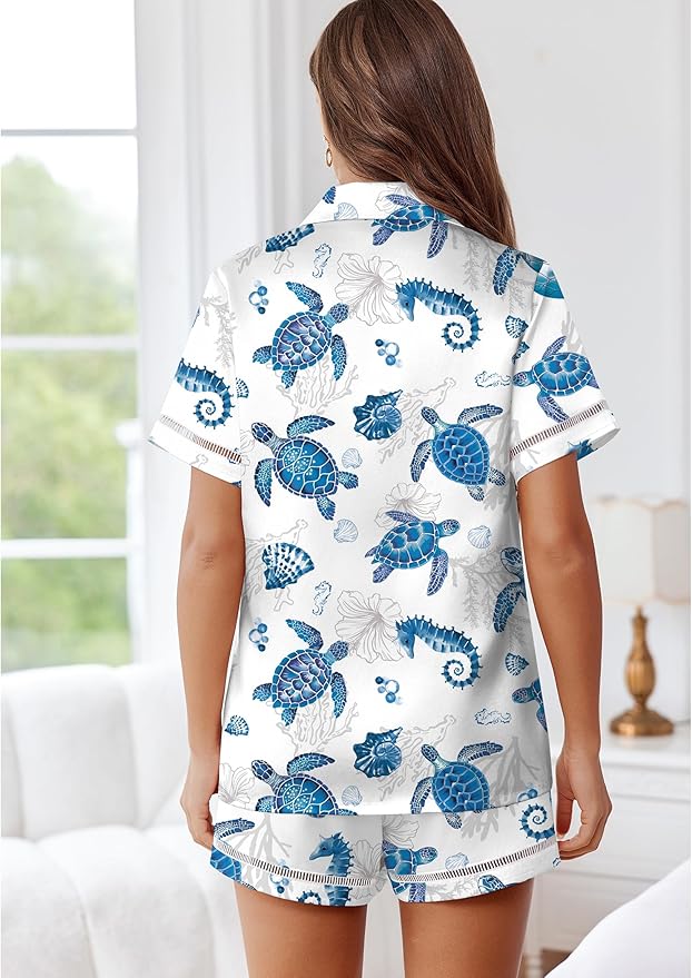 Ekouaer Womens Silk Pajama Sets Button Up Satin Pjs Short Sleeve 2 Piece Pj Sets Cute Lounge Sets with Chest Pocket