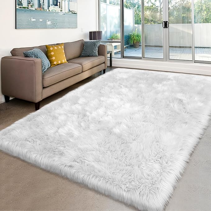 White Faux Fur Sheepskin Rug 6x9 Fuzzy Fur Rug Fluffy Carpet for Living Room Bedroom Luxury Room Decor, Washable Large Area Rugs for Kids Room Nursery Playroom