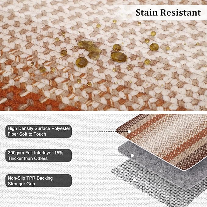 RUGSREAL Braided Washable Area Rug 8x10 Large Area Rug for Living Room Modern Braid Bedroom Carpet Stain Resistant Dining Room Throw Rug Soft Farmhouse Accent Carpet for Home Decor, Brown/Rust