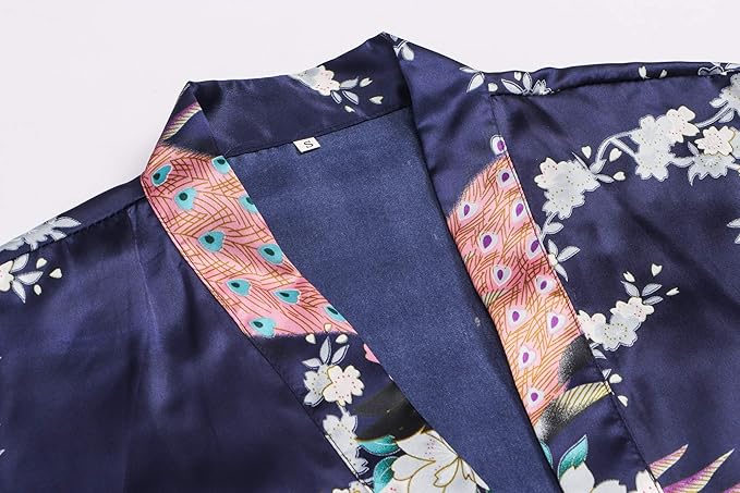 Women's Short Kimono Robes Bride and Bridesmaid Satin Floral Bathrobe Peacock Sleepwear Dressing Gown for Wedding Party