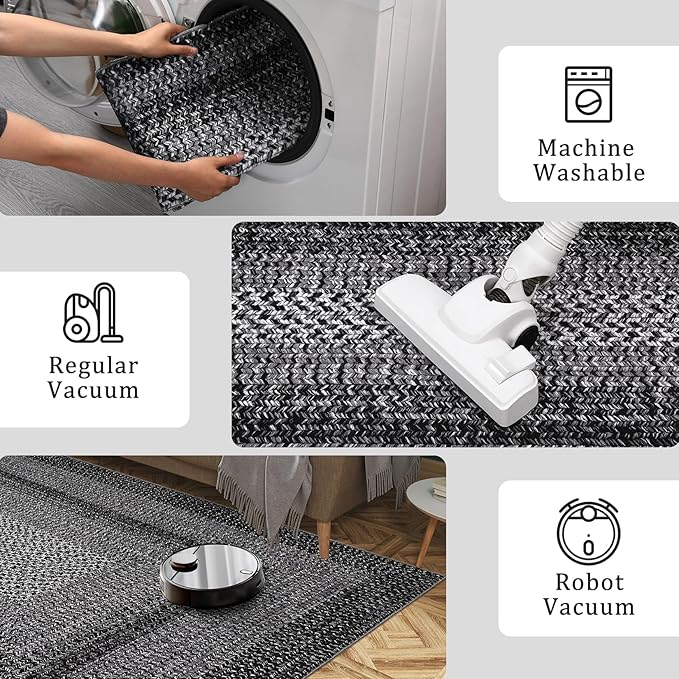 RUGSREAL Entryway Rug 2x3 Small Bedside Throw Mat with Rubber Backing Machine Washable Living Room Rug Non Slip Bathroom Mat Stain Resistant Braided Print Carpet for Dining Room Kitchen Hallway, Black