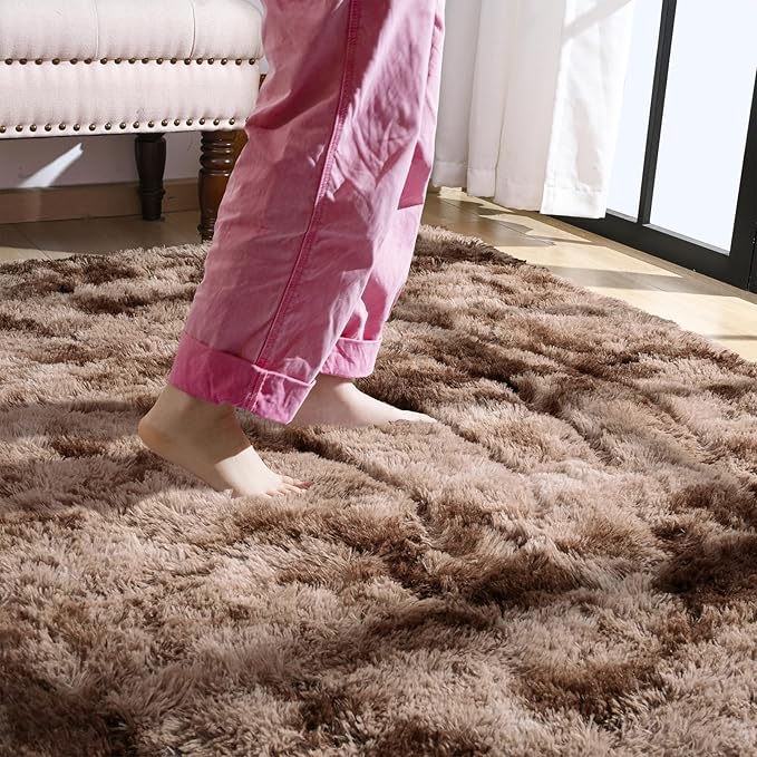 Softlife Area Rug for Bedroom, Fluffy Shag Plush Shaggy 4x6 Brown Rugs for Living Room Girls Kids, Throw Soft Fuzzy Tie Dyed Small Carpet for Dorm Bedside Ultra Cozy Non-Slip Indoor Decor