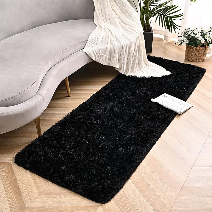 Black Runner Area Rugs for Bedroom Living Room, 2x6 Feet Fluffy Bedside Rugs, Soft Shaggy Carpet Rug for Kids Room Nursery, Furry Cute Rugs for Girls Boys Dorm Room Home Decor