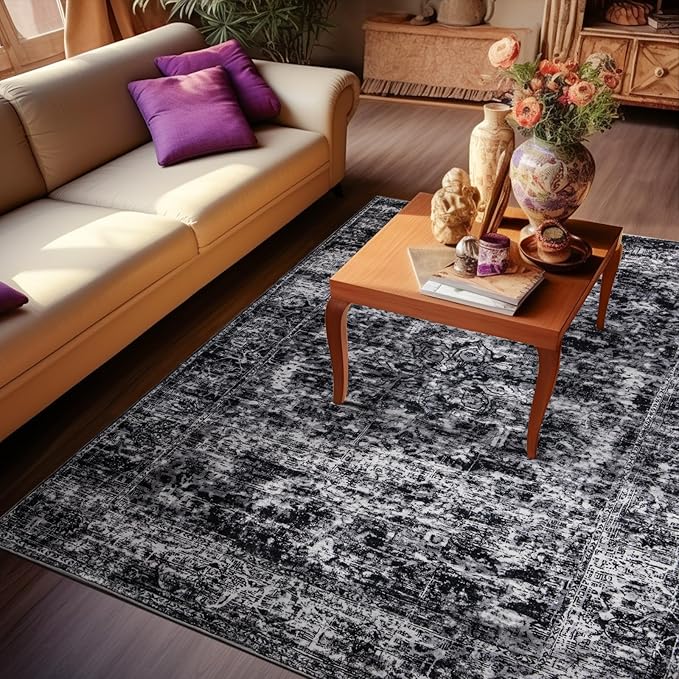 CRYPTOLITE Rugs for Living Room, 9x12 Large Area Rugs Ultra Soft Washable, Vintage Boho Faux Wool Carpet for Dining Room, Bedroom, Office, Home Decor (Black)
