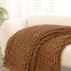 YAAPSU Chunky Knit Throw Blanket for Couch, 51"x63", 100% Hand Knitted Thick Cable Knit with Cozy Jumbo Chenille Yarn, Soft Large Rope Knot Crochet Blankets for Sofa Bed Living Room Décor, Caramel