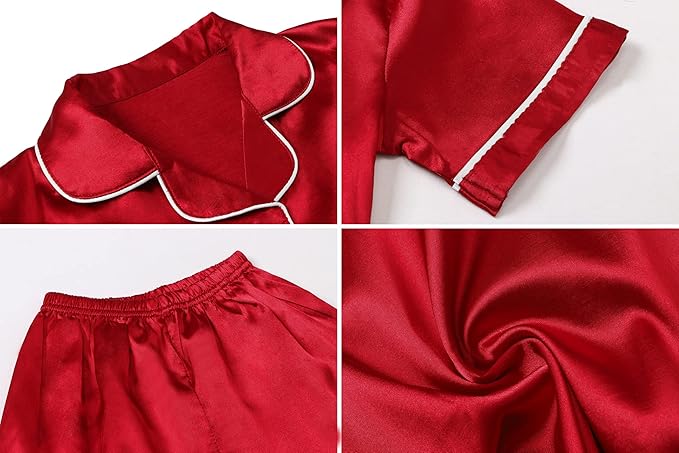 Umeyda Women & Girls Pajamas Set, Soft Satin Lightweight Silk Button-Down Top with Shorts 2 Piece PJS for Mom Boys Kids Gifts