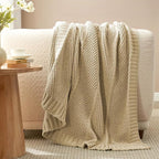Amélie Home Knit Throw Blanket, Soft Chenille Cozy Breathable Chevron Chunky Decorative Blanket for Couch, Bed & Sofa, French-Inspired Lightweight Warm Gift for Women, Beige, 60"x80"