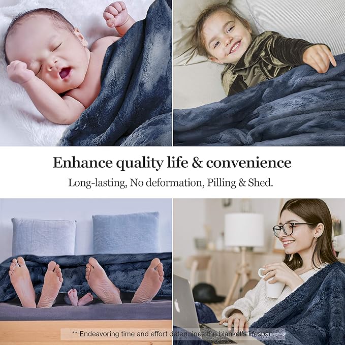 MHD l [Made in Korea] Premium Faux Fur Throw Blanket : Luxury Double-Sided 15mm Microfiber Blanket, 800 GSM :Tan Navy, 60" x 79"