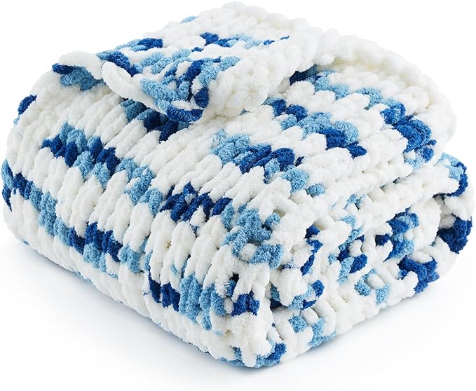 Amélie Home Chunky Knit Throw Blanket for Couch, Soft Chenille Handmade Crochet Throw Rope Knot Blanket for Couch, 50"x60", Space-Dyed Blue Striped