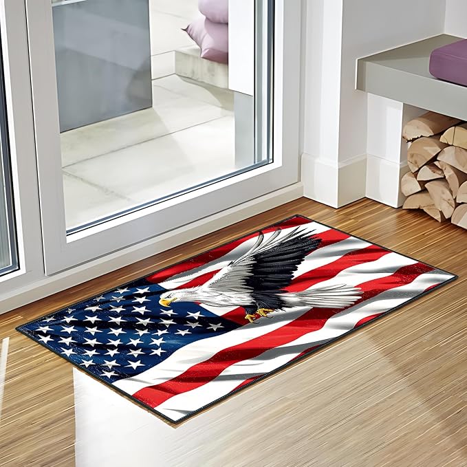 Eagle Flag Independence Day Area Rug 2x3 ft Entry Rug Washable Boho Rugs Non Slip Low Pile Floral Door Mat Small Carpet for Bedroom, Bedside, Kids Room, Office, Dining Room