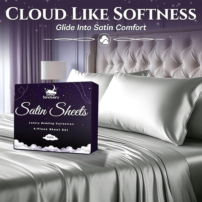 SLEEP SANCTUARY Satin Sheets King Size – 4 Piece Luxury Silky Bed Set, Softer Than Silk, 15" Deep Pocket, Cooling & Wrinkle-Free, Moisture-Wicking & Breathable for Hair & Skin (Grey)